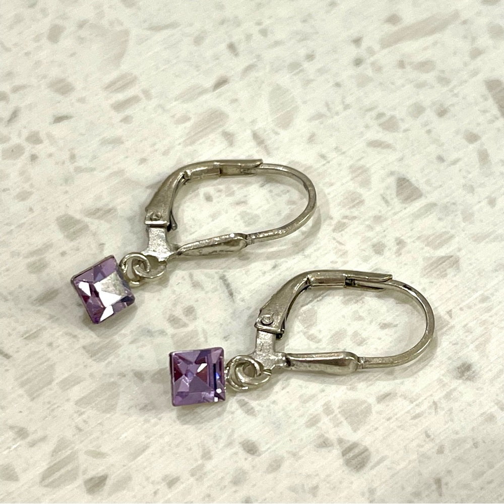Amethyst Square Crystal Drop Sterling Silver Earrings